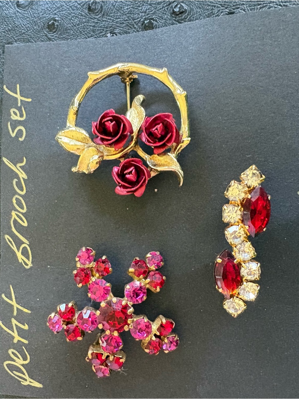 Vintage Gold-Tone Red Rose Brooch Pin & Red Rhinestone Brooch Set